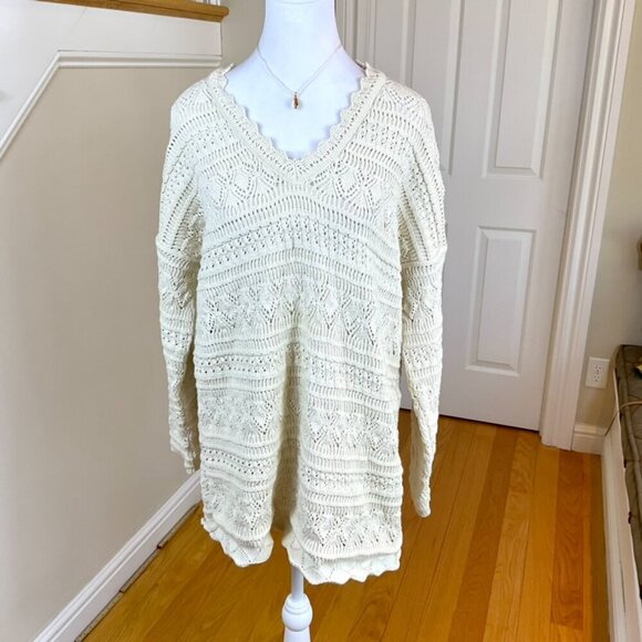 Vintage Sweater Cotton Open Weave Chunky Knit V-Neck Ivory Tan Tunic (~L - Picture 1 of 6